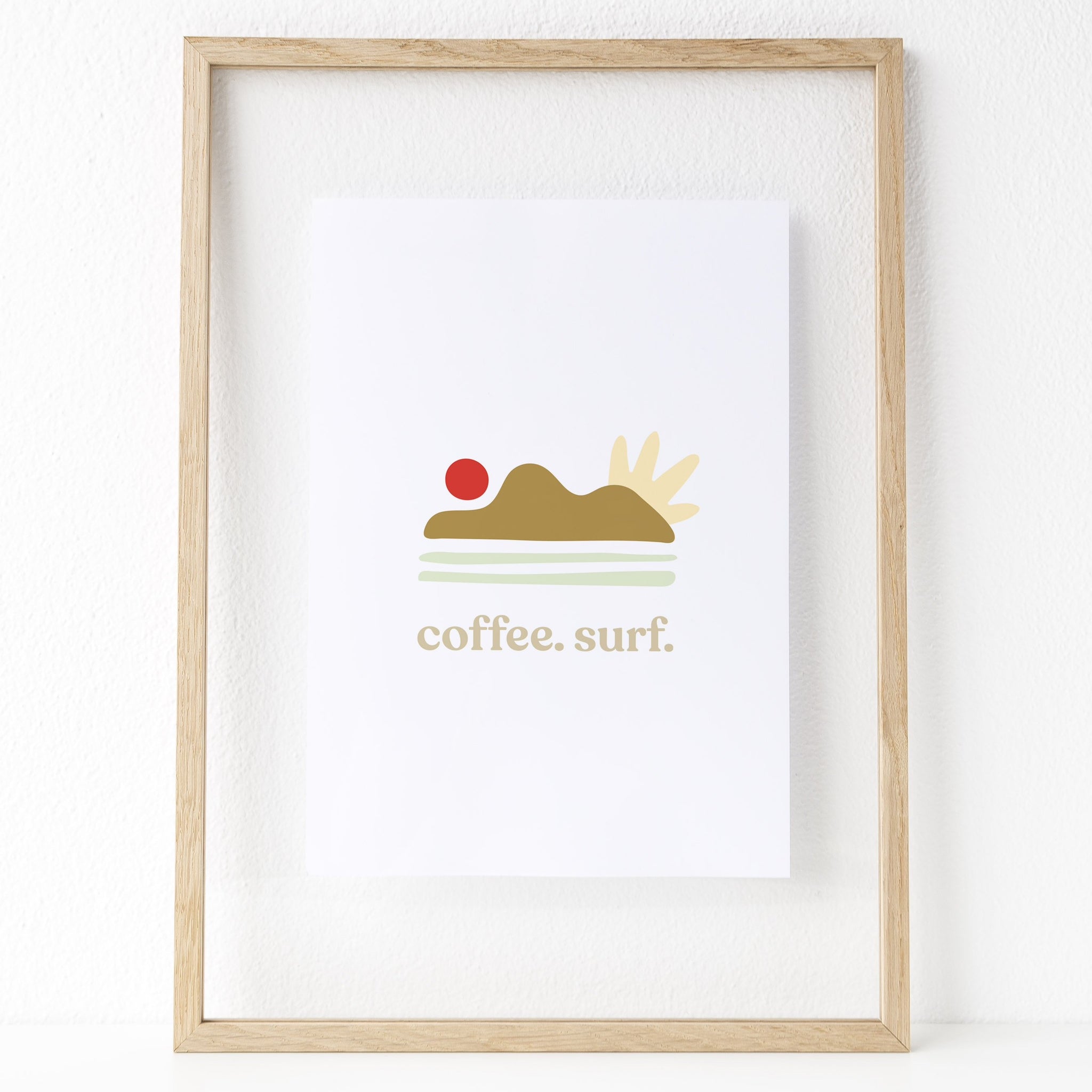 Coffee. Surf. Print. The print features some abstract shapes that resemble a sun setting over some hills. Hues of red, antique golden brown, yellow cream, and light green are features in this print. 
