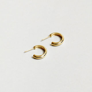 Small gold hoop earrings rest against a white background. 